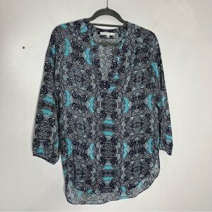 Amanda Uprichard Size Small Popover Silk Split Hem Tunic Pattern Blue Blouse
